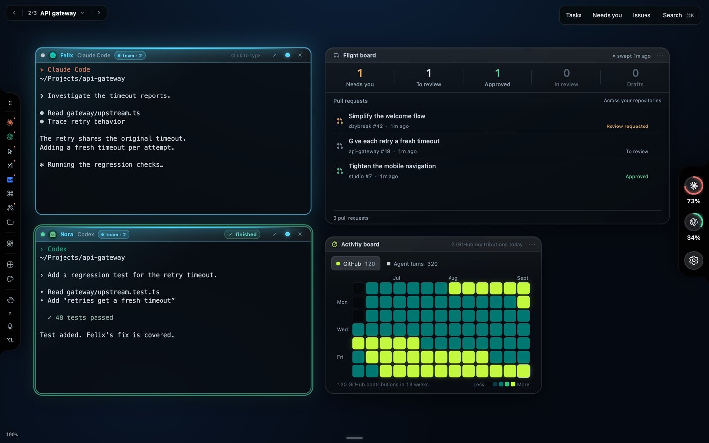 A Flight board widget listing three pull requests by stage and an Activity board with a green contribution heatmap, beside two agent windows.