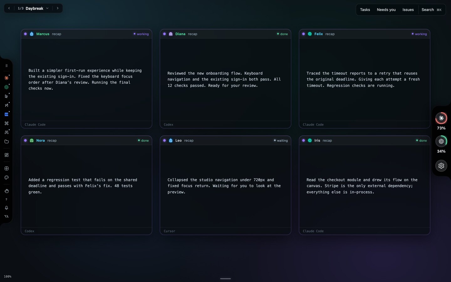 Six windows flipped to their violet recap faces, each with a short summary and a state: working, done or waiting.