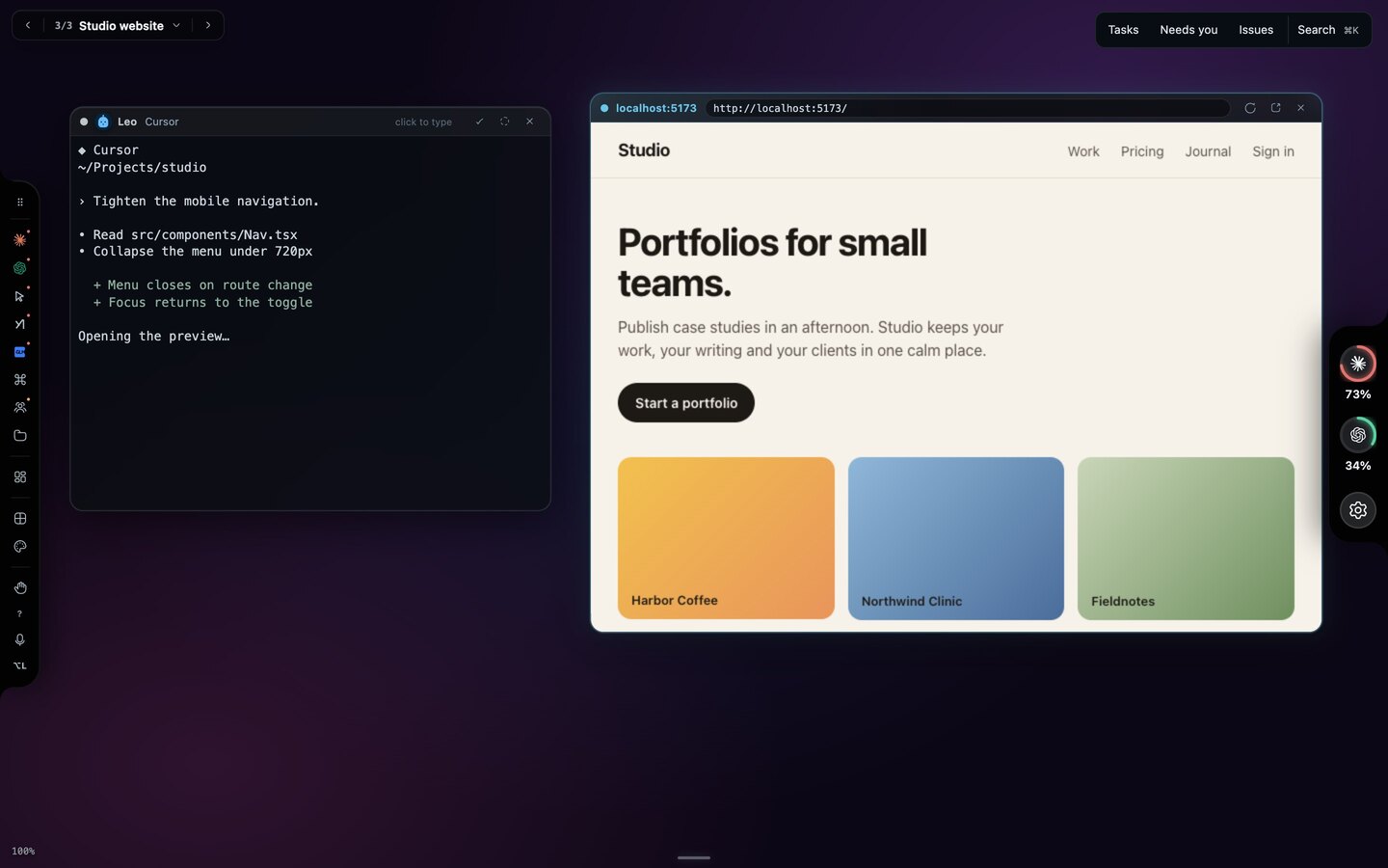 Leo’s Cursor terminal beside a browser window showing a local site called Studio, headline Portfolios for small teams.
