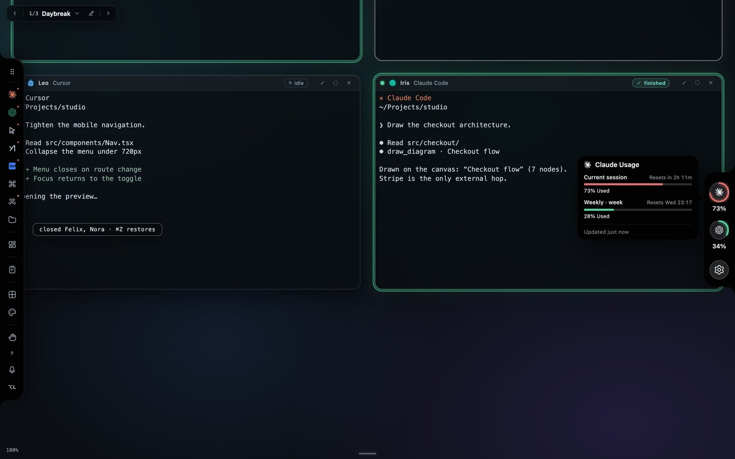 Claude and Codex usage rings on the canvas. The open Claude detail shows 73 percent of the current session used, 28 percent of the weekly limit used and both reset times.